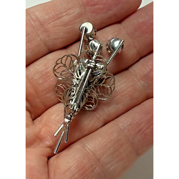 Vintage Baby Blue Rhinestone Silver Tone Flower Spray Brooch Pin Filigree MCM - Picture 4 of 4